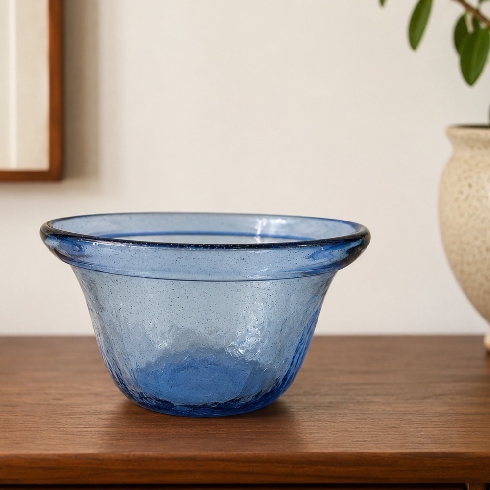 Vintage Blenko Pre Designer Sky Blue Crackle Glass Rolled Rim Bowl
